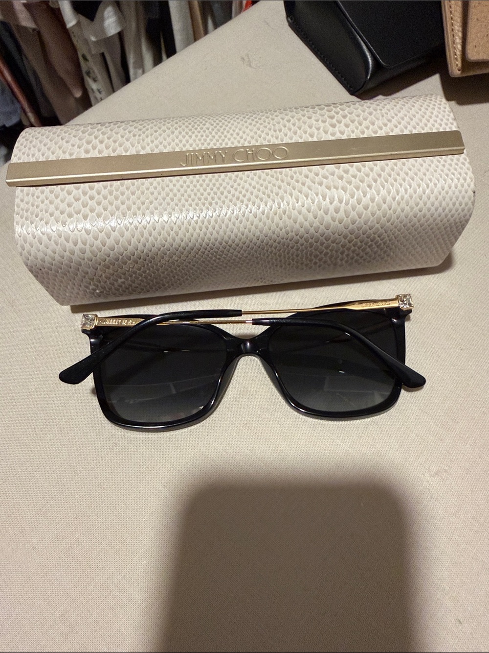 Jimmy Choo Black Sunglasses with Gold Accents and Case